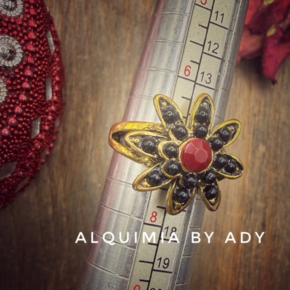 Alquimia Gold ROMANTIC • GOTH Black and red FLORA ring - Picture 2 of 3